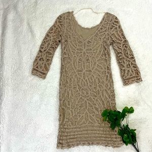 INC International Concepts Dress Women Size 6 Brown embroidere V-neck 3/4 Sleeve